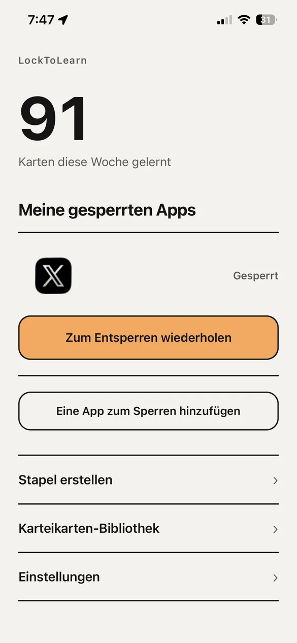 Die Startseite mit den diese Woche gelernten Karten und den gesperrten Apps.