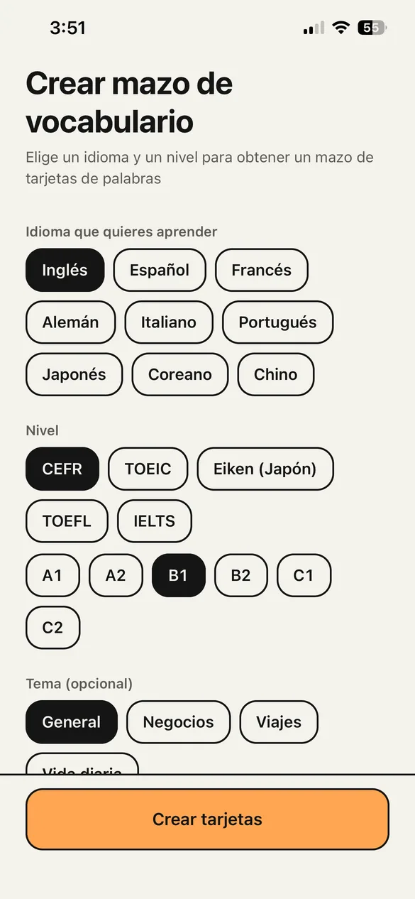 La pantalla para crear un mazo de vocabulario. Se elige el idioma, un nivel como CEFR B1 y un tema.