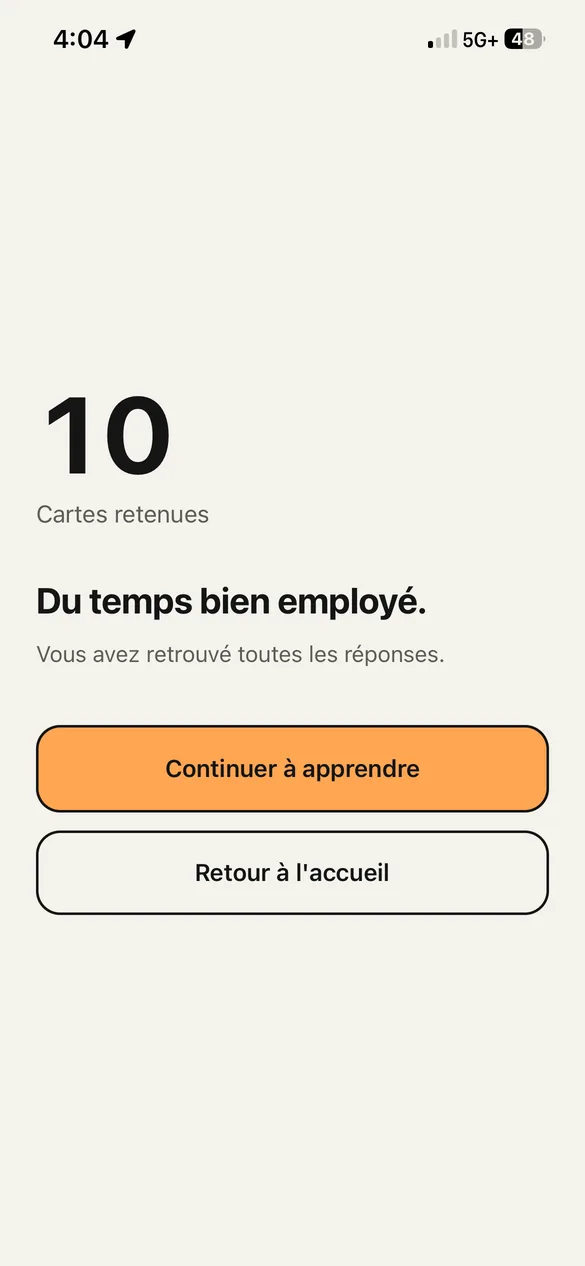 L'écran de fin de révision, avec le nombre de cartes retenues.