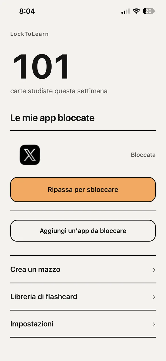 La schermata home, con le carte studiate questa settimana e le app bloccate.