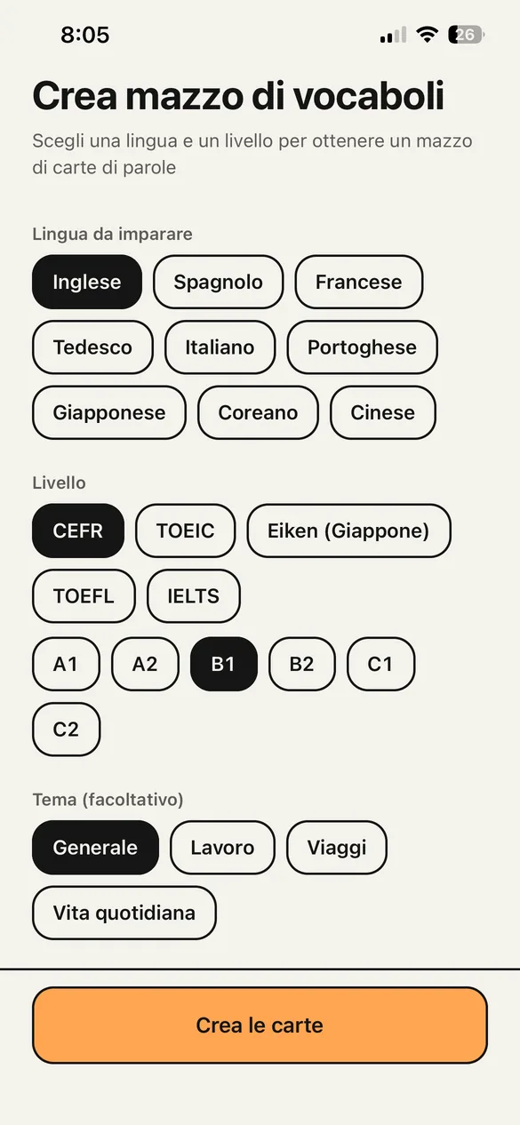 La schermata per creare un mazzo di vocaboli. Si sceglie la lingua, un livello come CEFR B1 e un tema.