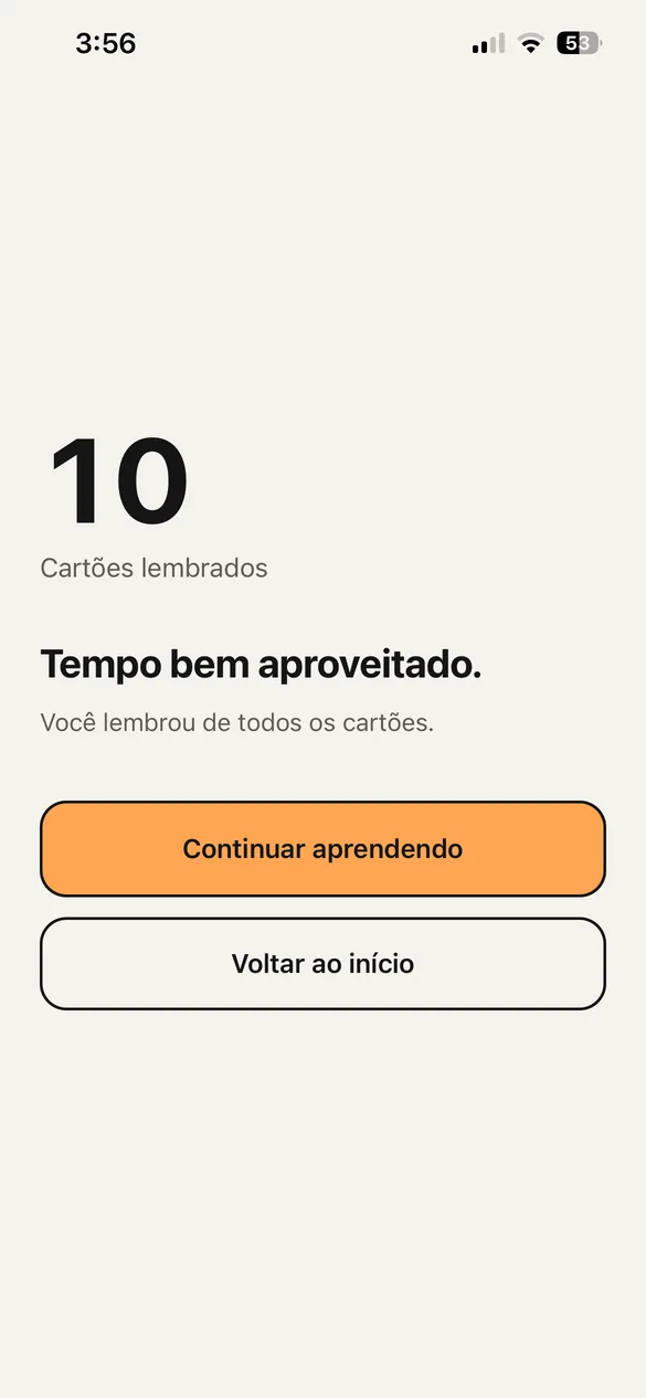 A tela ao fim da revisão, com o número de cartões lembrados.