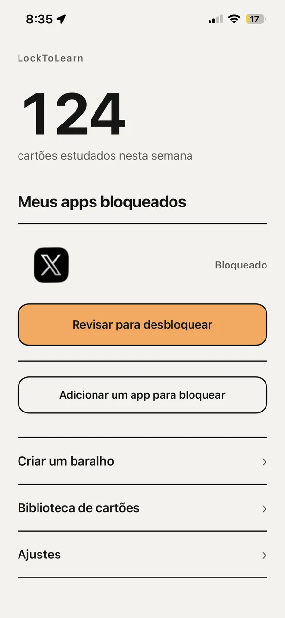 A tela inicial, com os cartões estudados nesta semana e os apps bloqueados.
