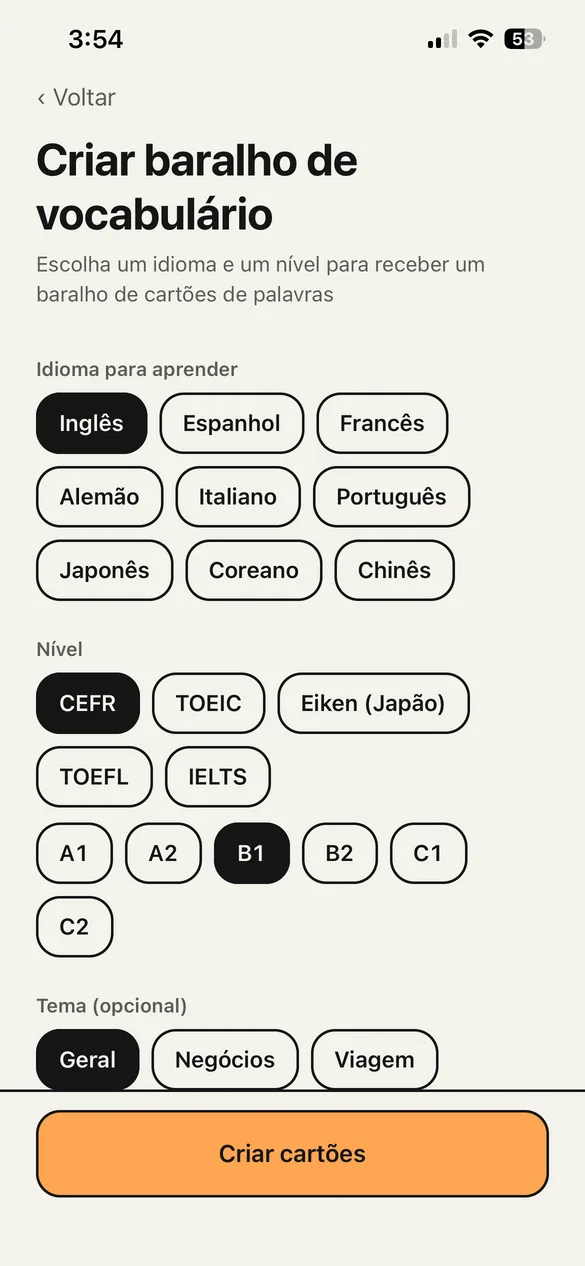 A tela para criar um baralho de vocabulário. Escolhe-se o idioma, um nível como CEFR B1 e um tema.